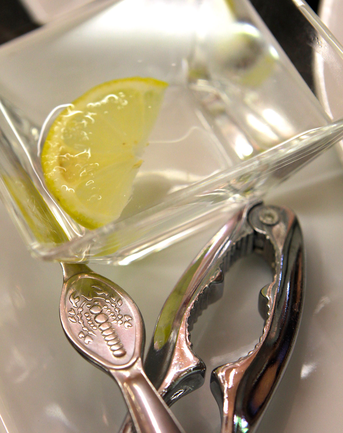 Close up of crab dish utensils